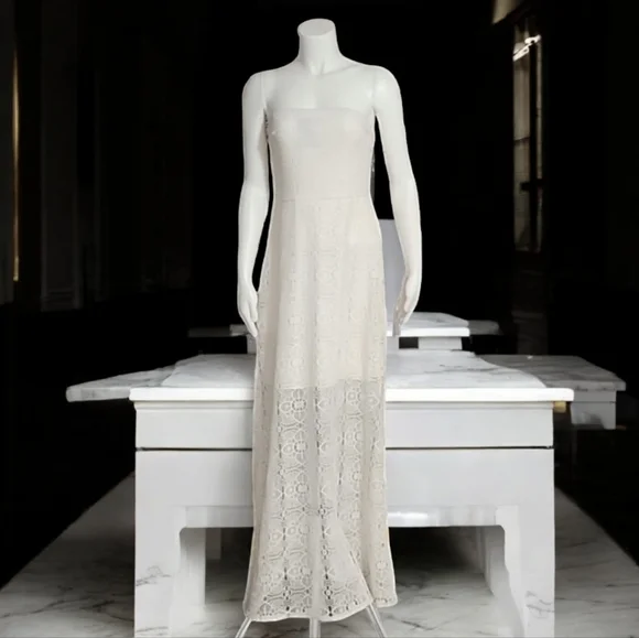 BISOU BISOU Crochet Lace Maxi Dress 10 M White Half Lined Mini Skirt Boho - Picture 15 of 16